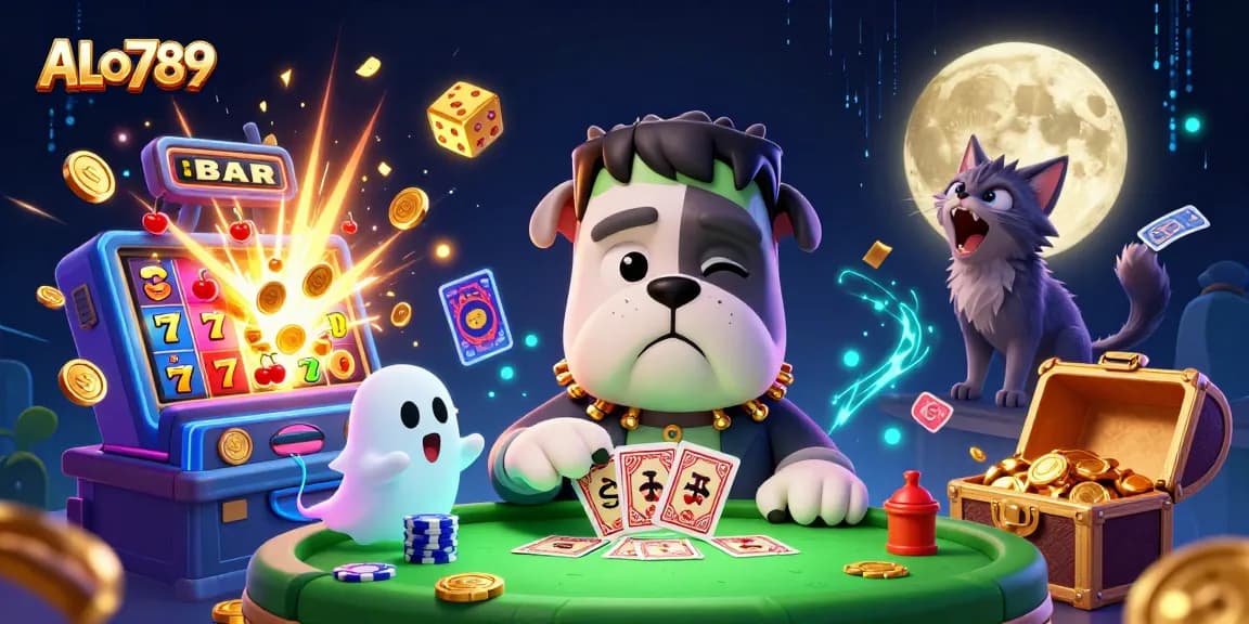 Join the action at ALo789 with a thrilling 3D casino scene featuring a card-dealing bulldog and exciting gambling elements.