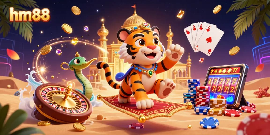 Spin the reels at hm88, featuring a vibrant Arabian-themed casino scene with immersive elements.