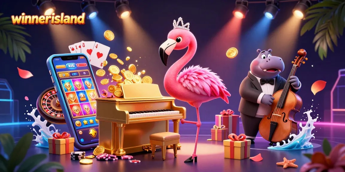 Winning big at winnerisland casino with vibrant characters, colorful slot games, and lively ambiance.