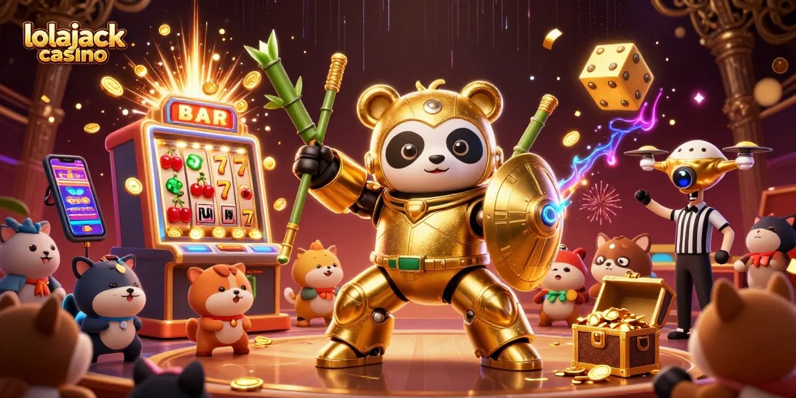 Engage at lolajack casino with a vibrant 3D illustration showcasing exciting gaming action.