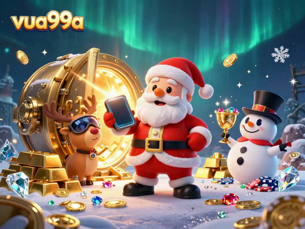 Win big at vua99a with a vibrant casino scene featuring Santa, his reindeer, and a snowman.