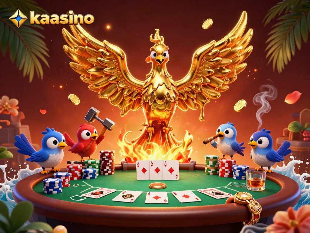 Kaasino immersive gaming scene featuring a molten phoenix, poker elements, and vibrant decorations.