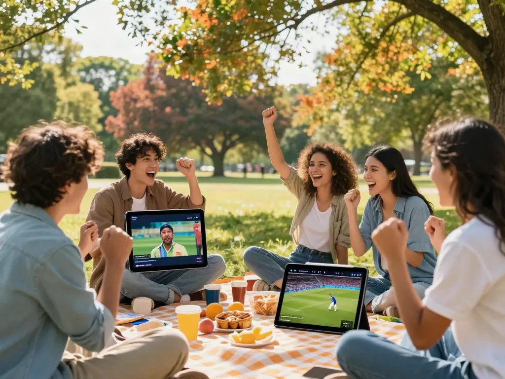 Group enjoying Pikashow streaming in a park, vibrant picnic scene.