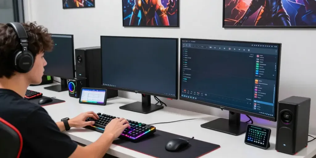 Trackbase player analyzing competitive gaming statistics in a modern setup.