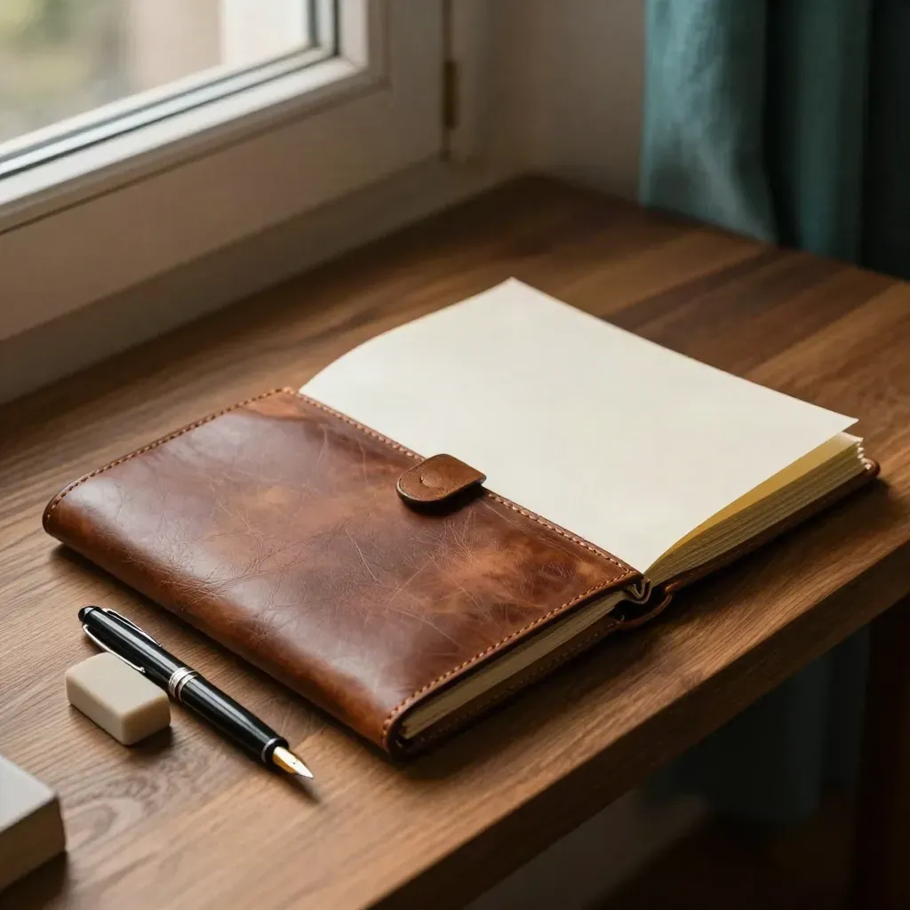 CV-set met portefeuille, vulpen, gum en crème papier op warme houten plank.
