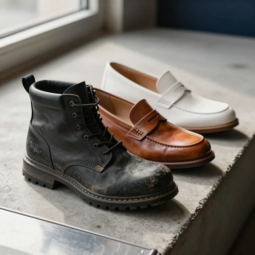 Drie werkschoenen naast elkaar: veiligheidslaars, loafer en zorgschoen op beton.