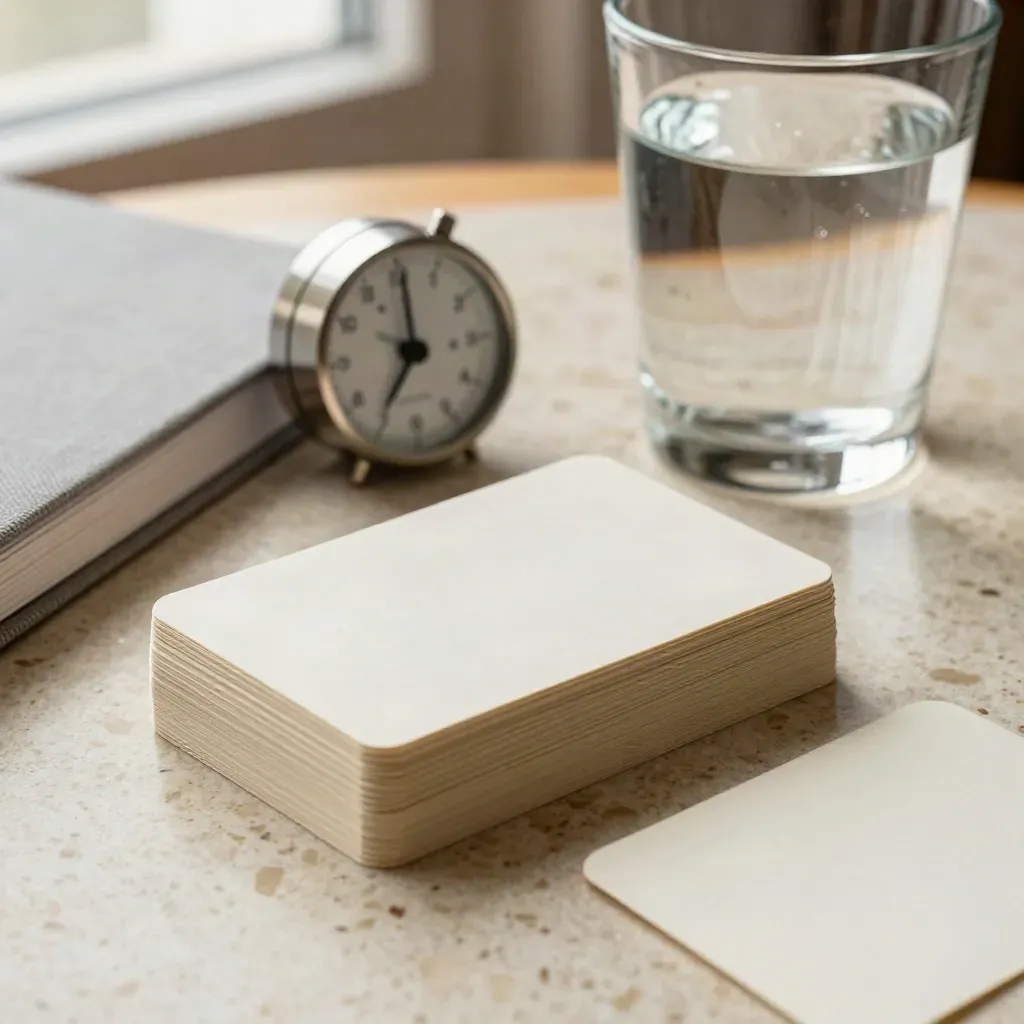 Timer, oefenkaarten, notitieblok en glazen waterkan op travertin met zachte spanning