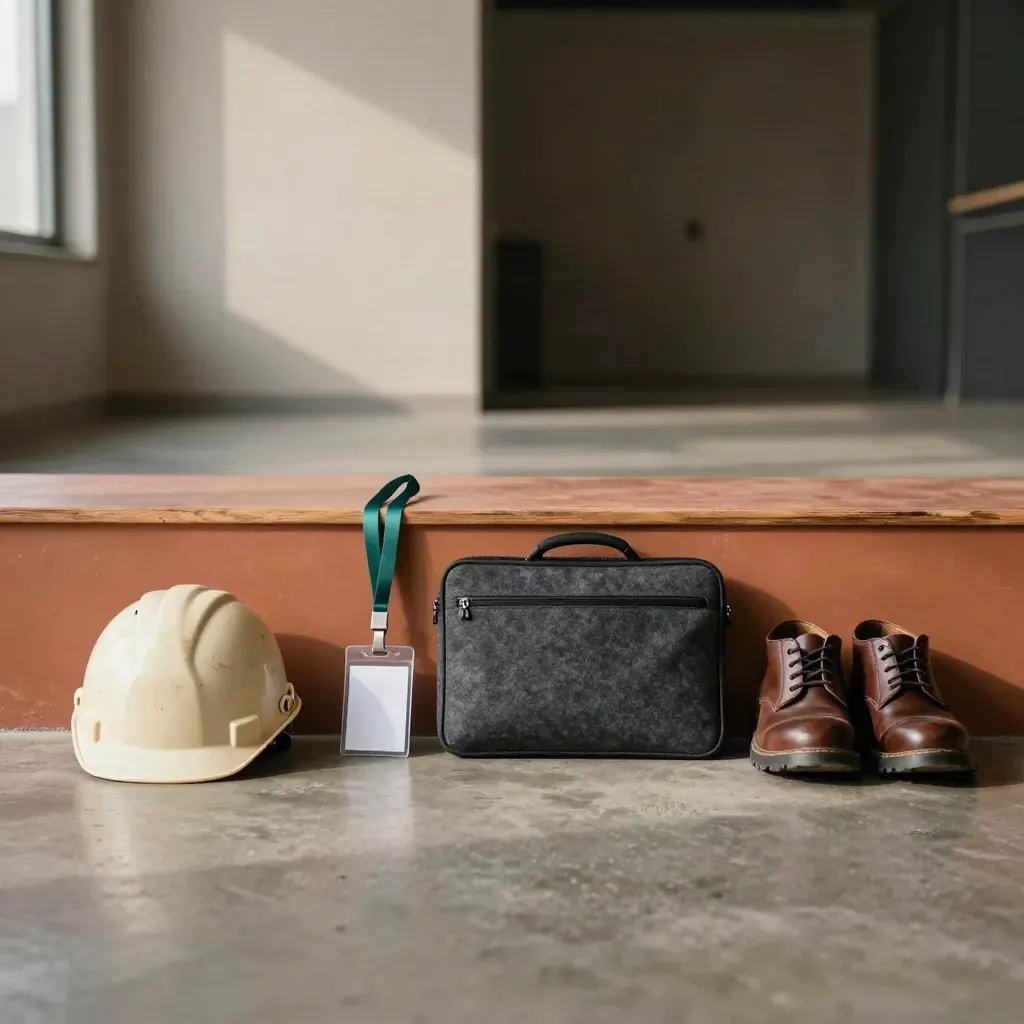 Selectieplank met helm, badgehouder, laptophoes en werkschoenen in warm licht.