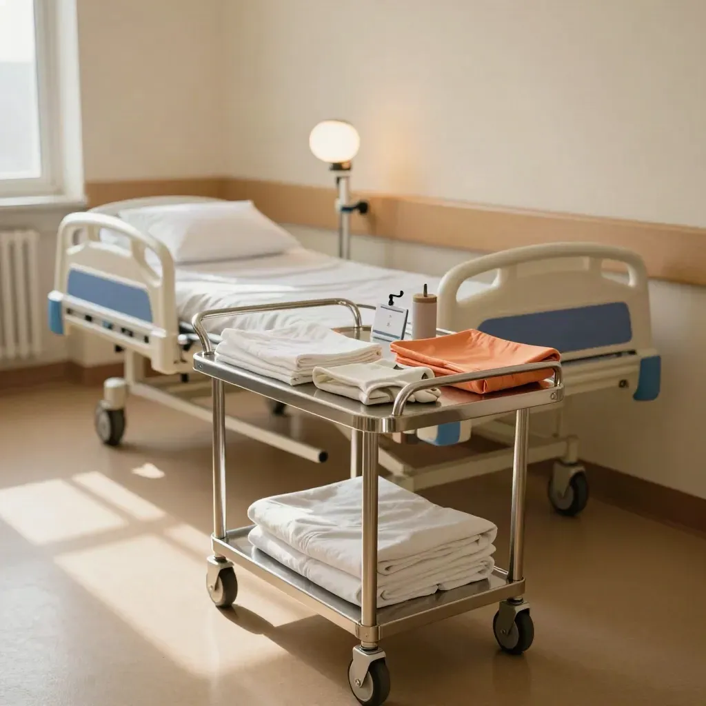 Leeg ingerichte zorgpost met opgemaakt bed, zorgkar en handschoenhouder in een stille gang.