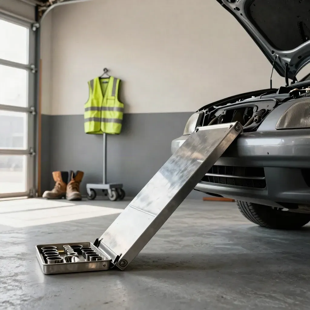 Open garage met opgetilde motorkap, gereedschapskist en veiligheidshesje aan de haak.