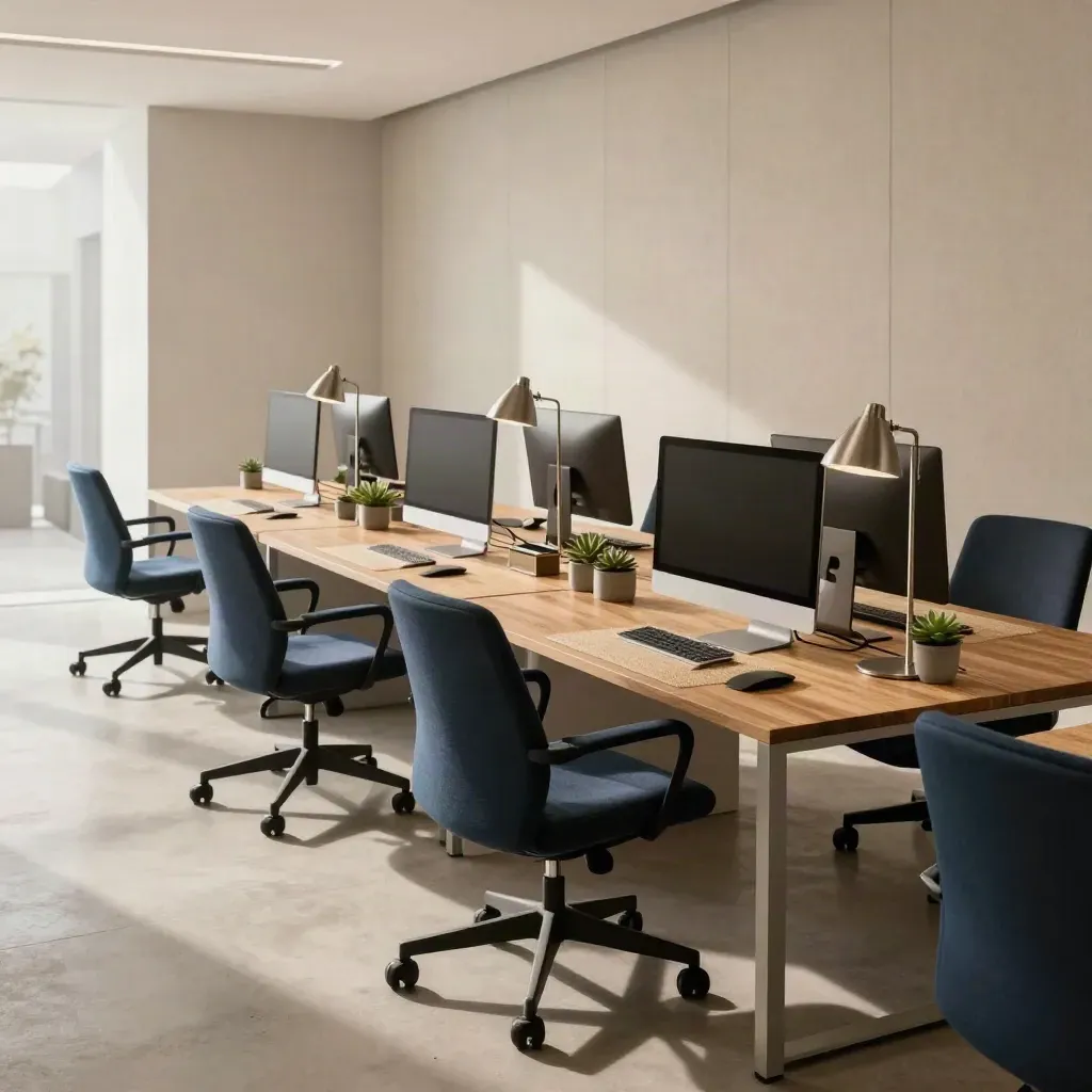 Vier nette werkplekken in een modern kantoor, rustig en klaar voor gebruik.