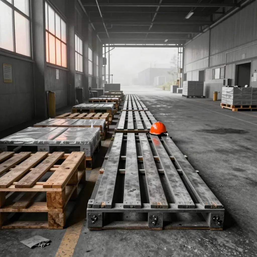Lege laaddoorgang met pallets, scanners en veiligheidshelmen in dramatisch licht.
