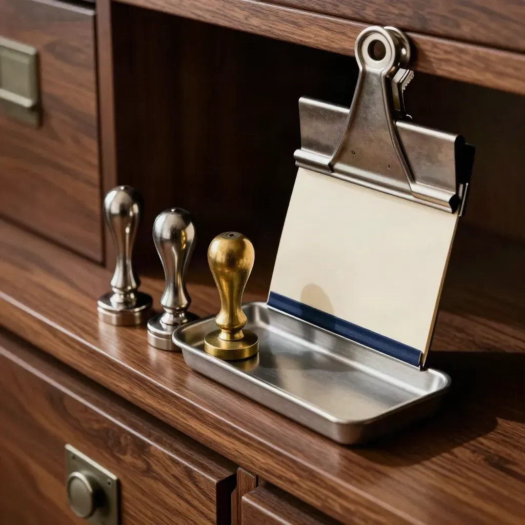 Recruitmenttools in een warme dramatische still life met clips, stempel en sorteerbak.