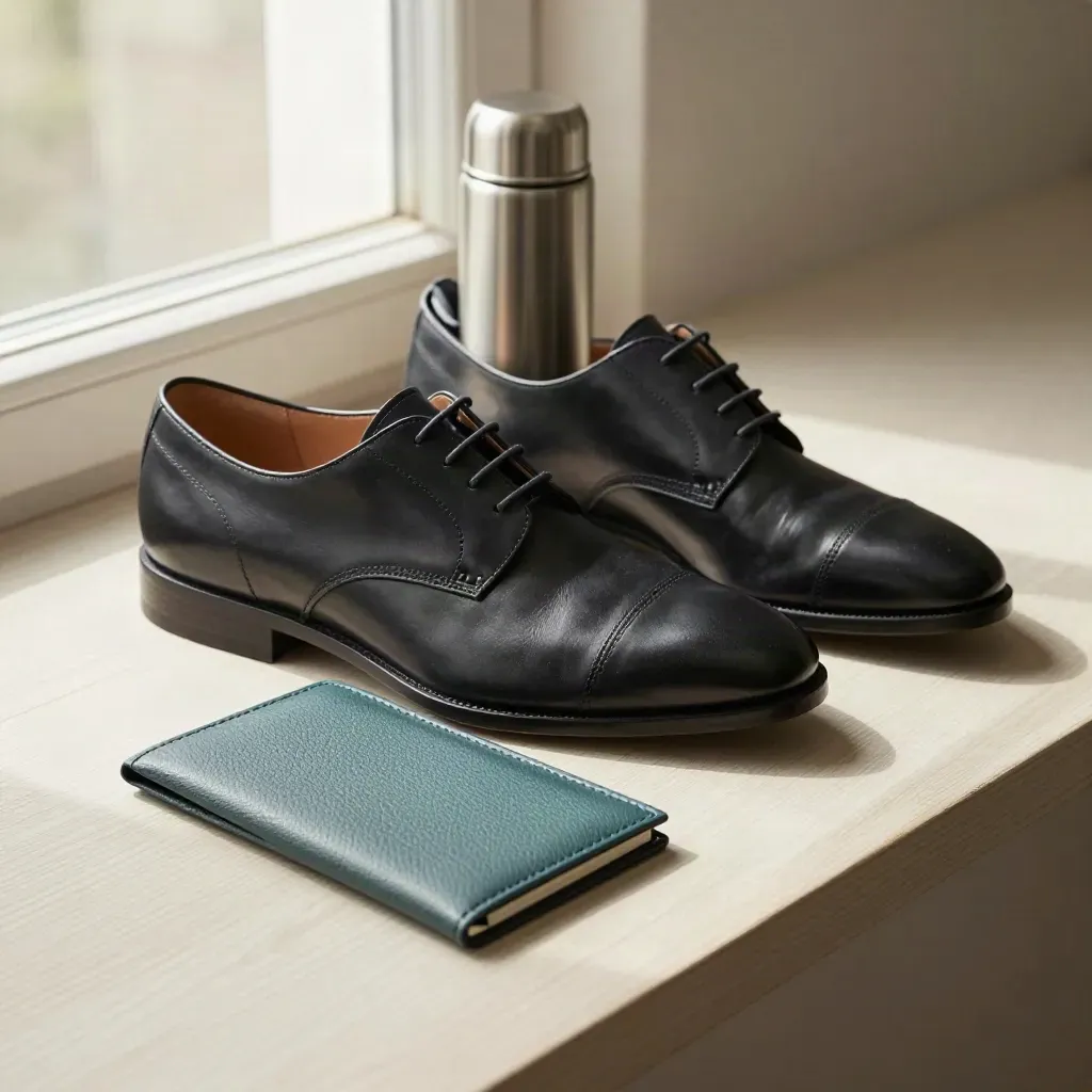Actiekit met nette schoenen, thermos, paraplu, kaarthoes en map op licht houten tafel.