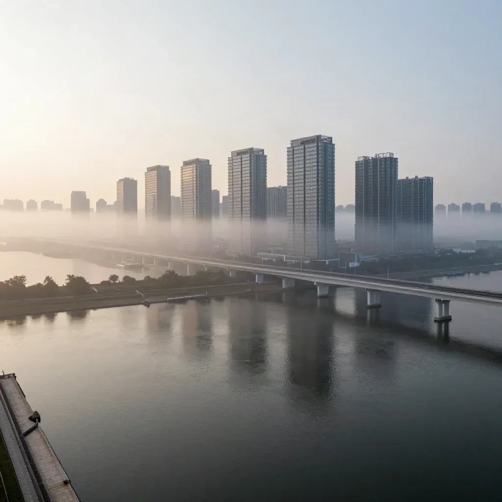 Mistige Randstad-skyline met bruggen en water, hoog in beeld met rustige onderzone.