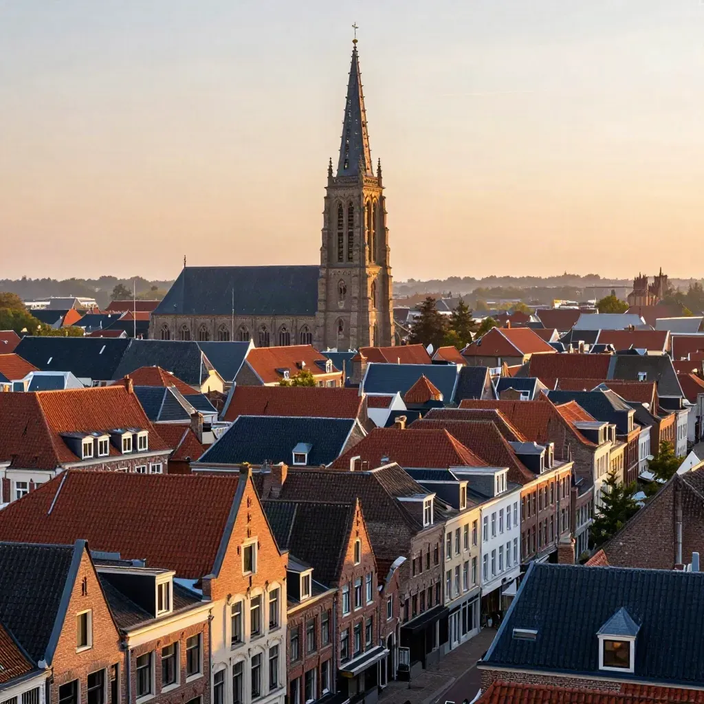 Bakstenen gevels en een hoge kerktoren in Noord-Brabant bij gouden avondlicht.