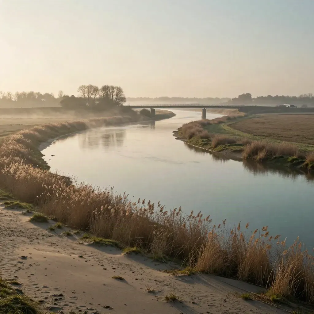 Nevelige rivierbocht in Gelderland met brug hoog in beeld en rustige uiterwaarden.