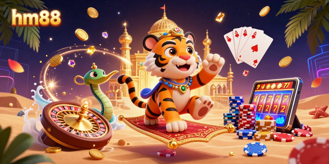 Spin the reels at hm88, featuring a vibrant Arabian-themed casino scene with immersive elements.
