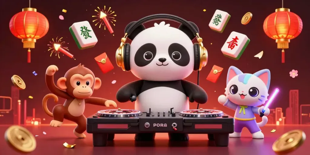 Experience the 11bet gaming scene with a DJ panda, monkey, and kitten among dazzling casino elements.