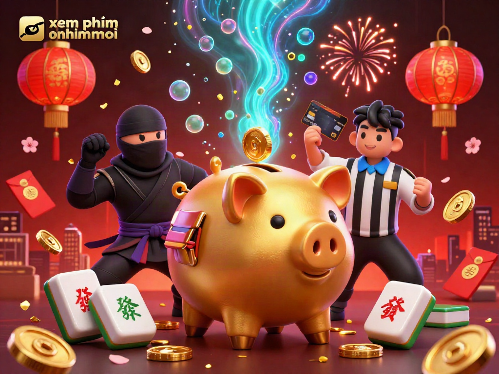 xem phim online phimmoi features thrilling gaming action with a golden piggy bank sumo wrestler and vibrant gambling elements.