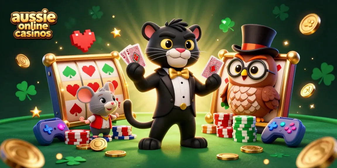 Engage with aussie online casinos in a vibrant 3D scene featuring a tuxedoed panther, poker chips, and playful gaming elements.
