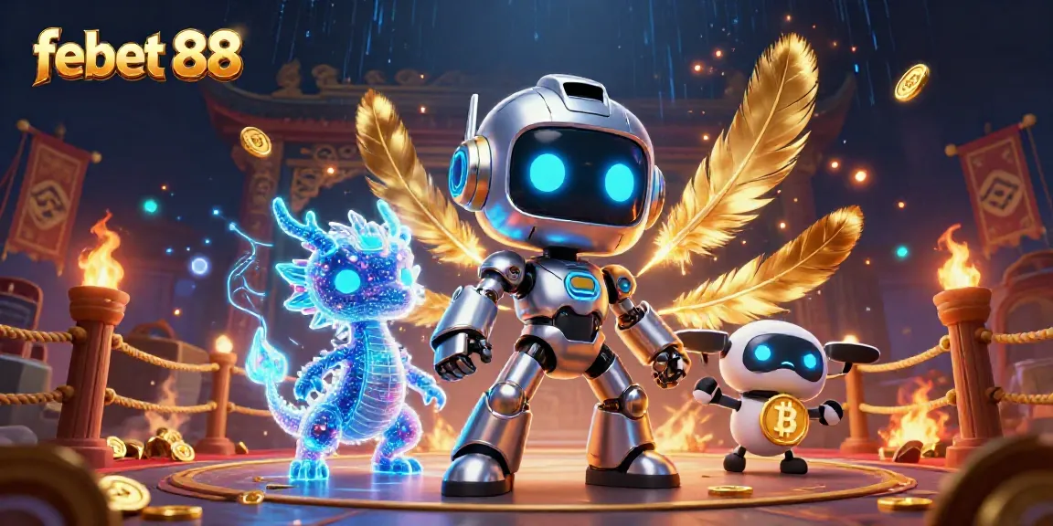 Engage with febet 88's adventure in a vibrant 3D casino scene filled with dynamic elements.