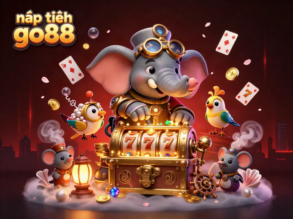Experience the exciting world of nạp tiền go88 with a steampunk elephant engineer and a gold slot machine.