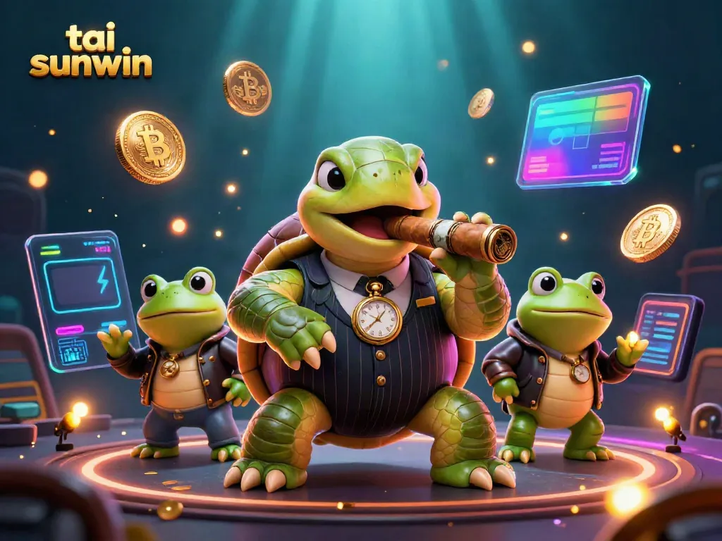 Join tai sunwin's lively casino scene with a snapping turtle and bullfrog enforcers amidst neon crypto elements.