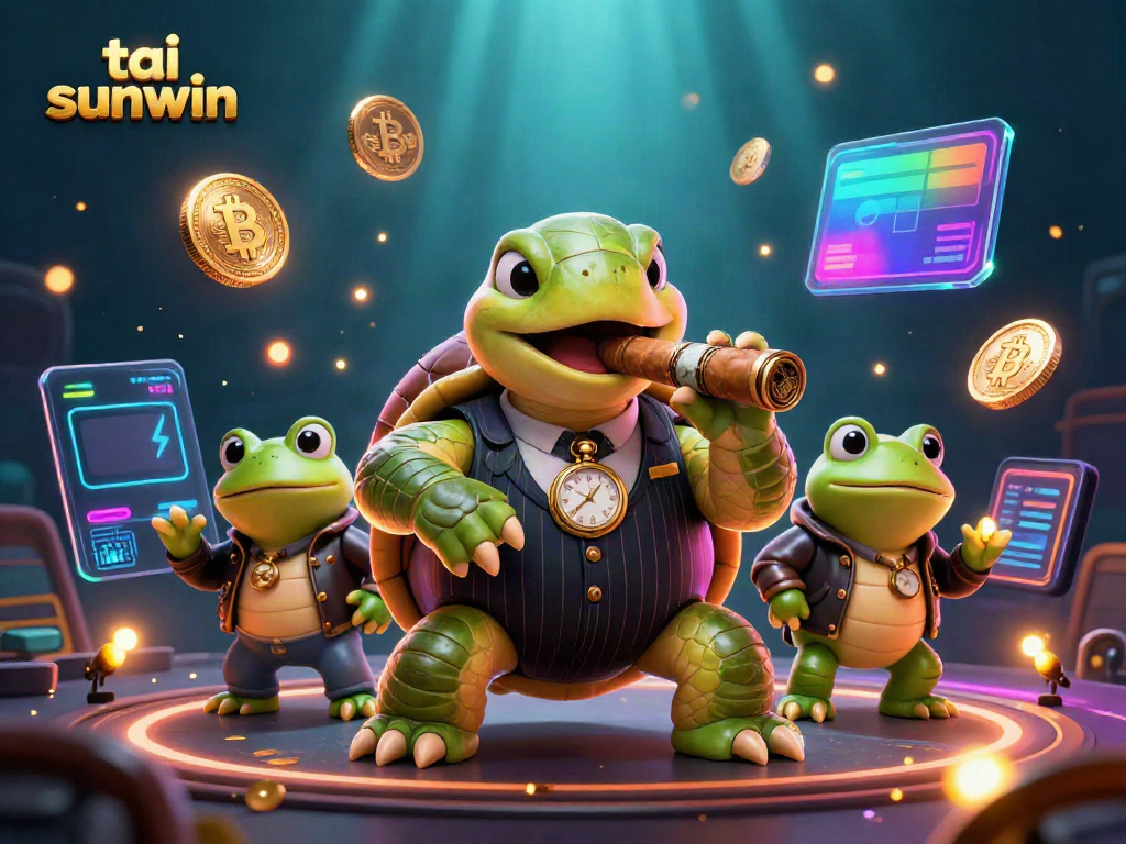 Join tai sunwin's lively casino scene with a snapping turtle and bullfrog enforcers amidst neon crypto elements.