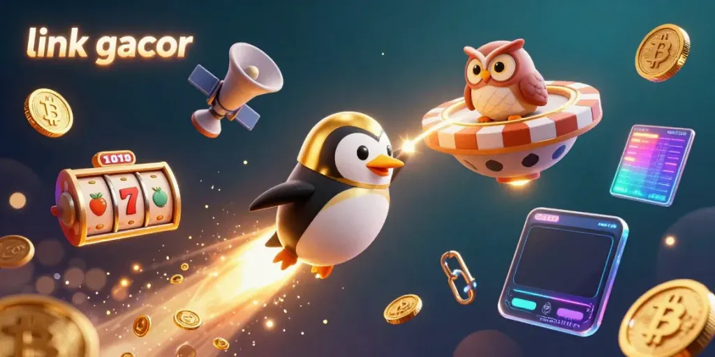 Play exciting slots at link gacor with a penguin racing towards a vibrant casino in space.