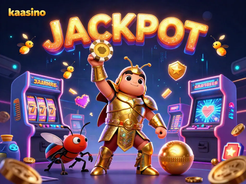 Experience kaasino's dynamic gaming world with a heroic beetle lifting a poker chip in victory.